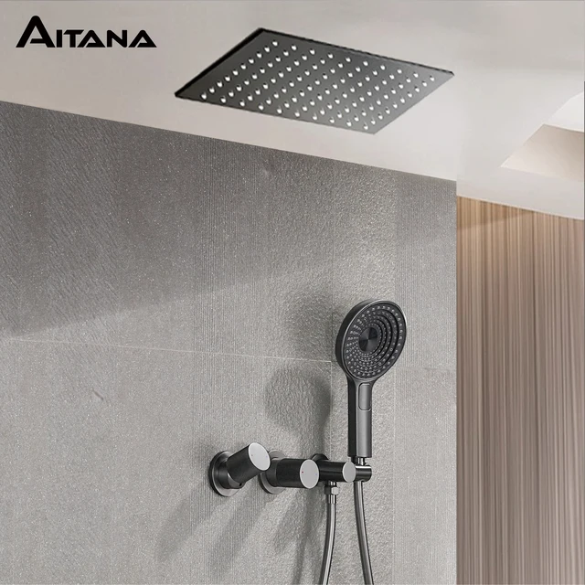 AITANA – système de douche de plafond en laiton gris, pistolet minimaliste, double poignée intégrée cachée, eau froide et chaude, mélangeur de salle de bains à 2 fonctions 1