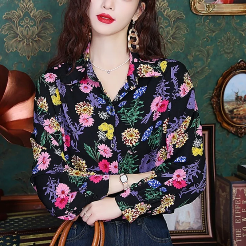 

Temperament Casual Polo Collar New Summer Women's Commuting Printed Long Sleeved Loose Single Row Multi Button Chiffon Shirt Top