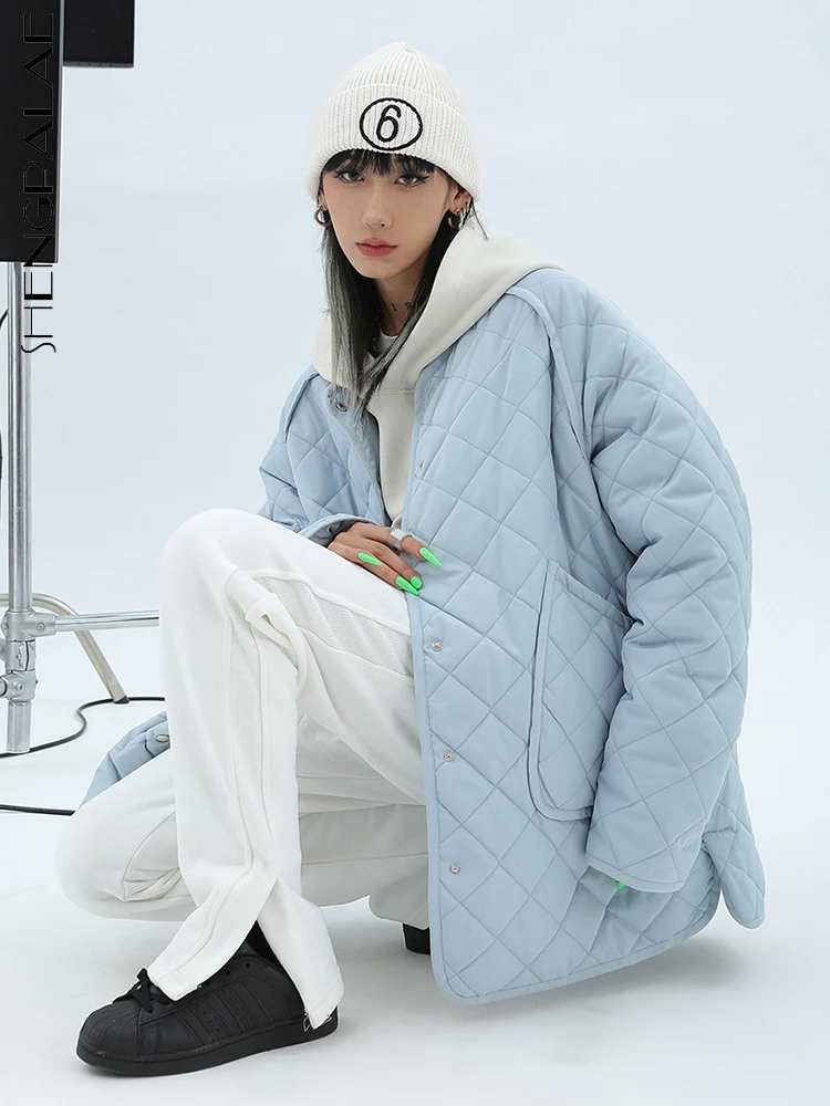 

SHENGPALAE Fashion Women's Cotton-padded Coat Stand Collar Single Breasted Full Sleeve Blue Wadded Jacket Autumn 2023 New 5R4441