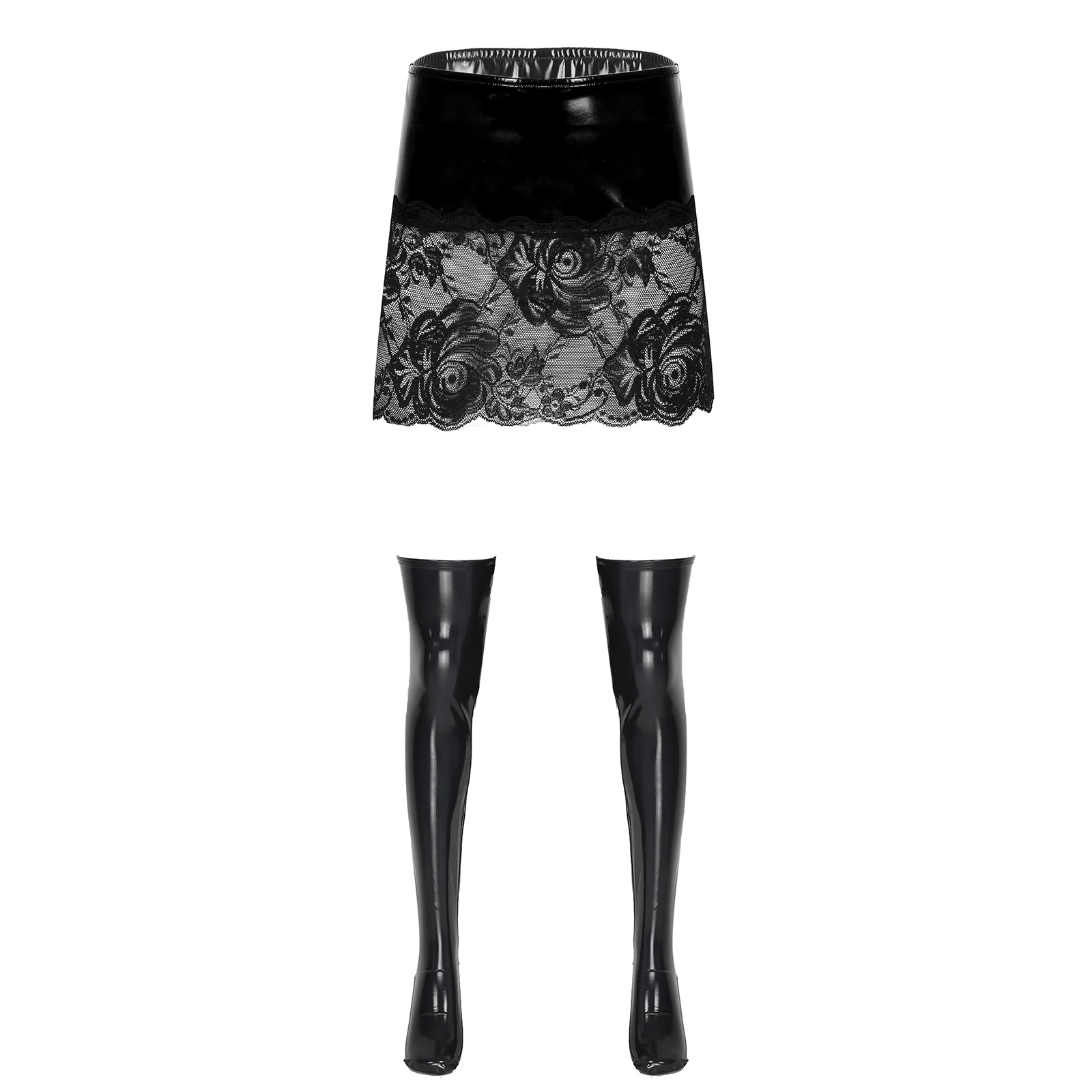 thumbnail image 1 of Disfraz de cosplay para mujer, ropa de discoteca, aspecto mojado, charol, cintura alta, seis clips, liguero con 1 par de medias altas hasta el muslo, 1 of 5