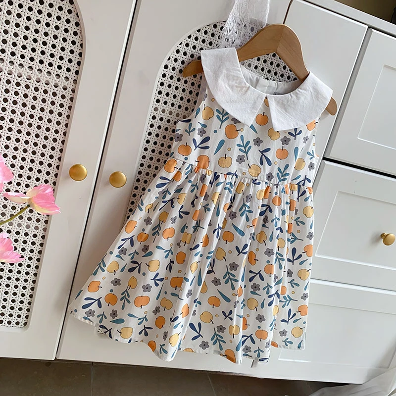 

Summer girls dress college style lapel fruit printed sleeveless vest dress baby girl clothes cotton