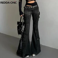 REDDACHiC Acubi mode noir Flare jean rétro moustaches maigre Stretch taille basse poches Cargo pantalon femmes Grunge Alt Streetwear 1