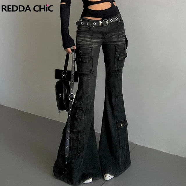 REDDACHiC Acubi mode noir Flare jean rétro moustaches maigre Stretch taille basse poches Cargo pantalon femmes Grunge Alt Streetwear 1