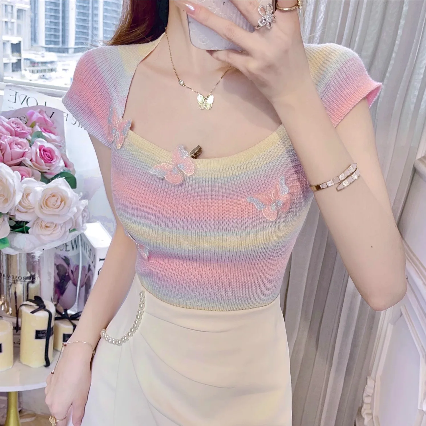 Women Summer Striped Cropped Sweater