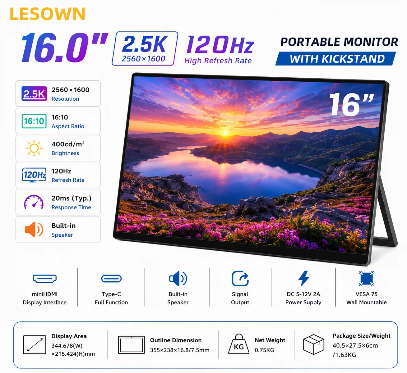 LESOWN 16인치 120Hz 고주사율 휴대용 디스플레이 2560x1600 드라이버..