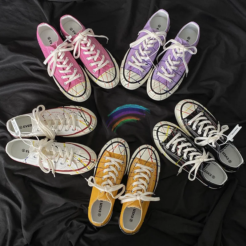 

Spring Summer Splash Ink Graffiti Women's Canvas Shoes Fashion Casual Flat Female Sneakers White Black Laces Girls Sports Shoes