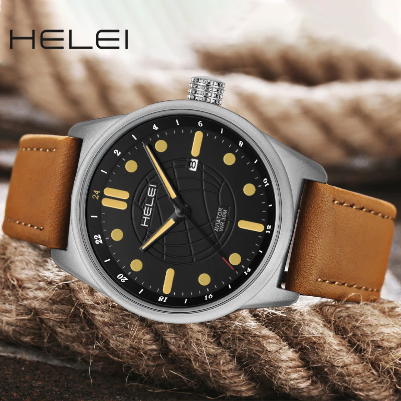 HELEI2024 Men's Luxury Men's Leather Hand Waterproof Casual Design Quartz Men's Watch Men's Watches Luxury Watches