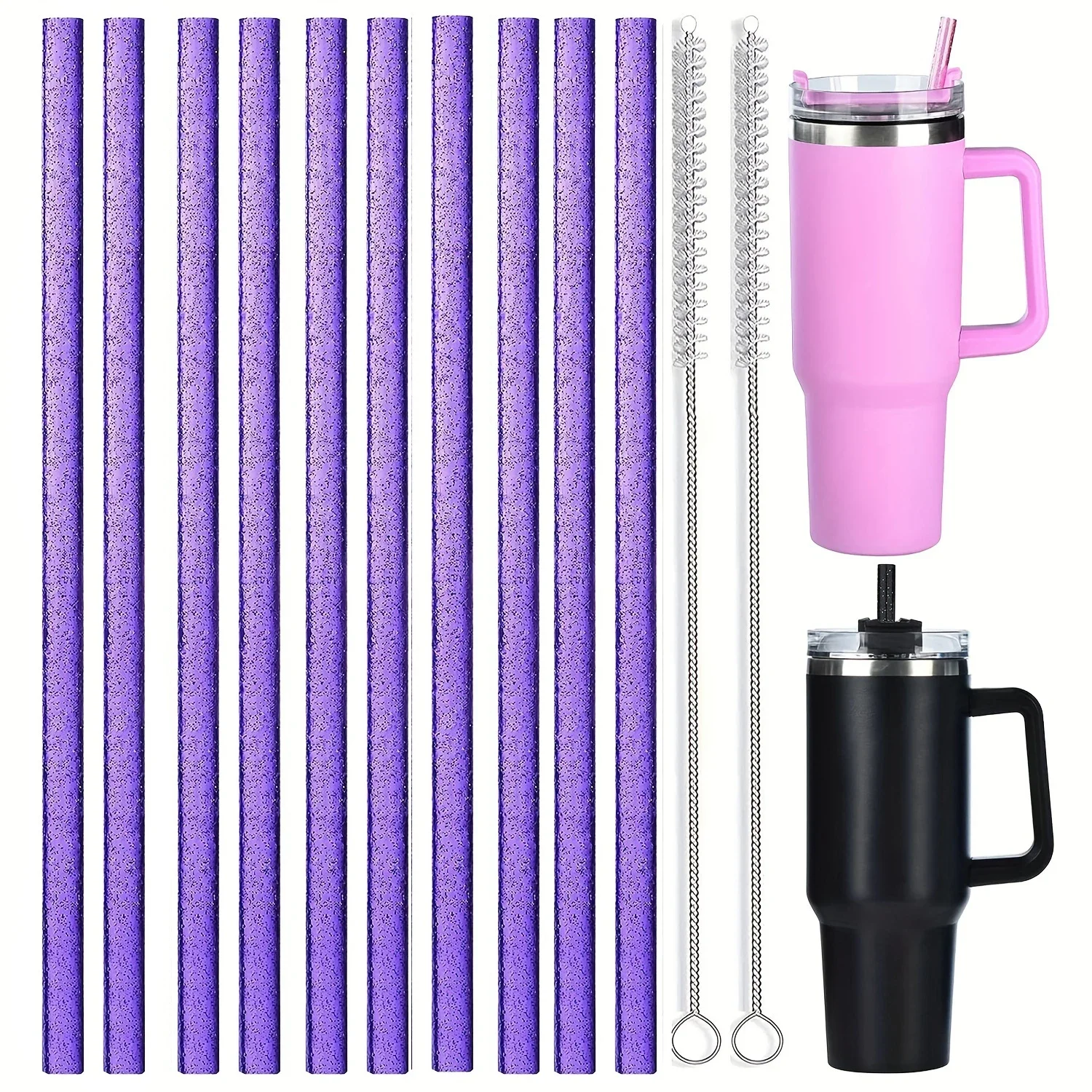 10 Pack Glitter Reusable Plastic Straws with Cleaning Brushes, 12-inch