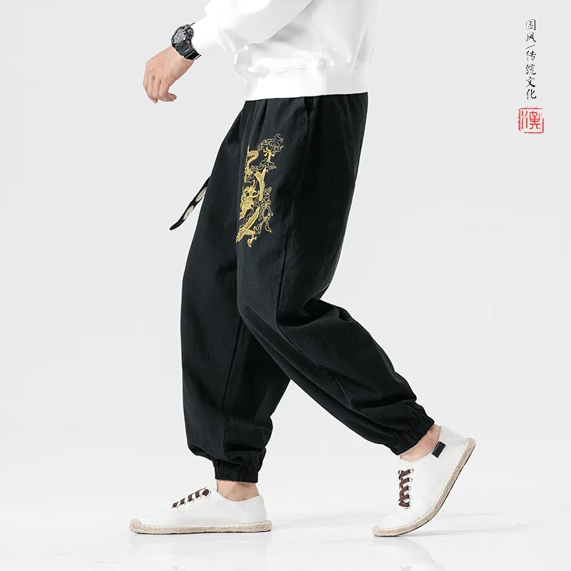 

Yourqipao Zen Tea Men Chinese Style Embroidery Dragon Kung Fu Pants Vietmam Japanese Fashion Sports Casual Trousers Streetwear