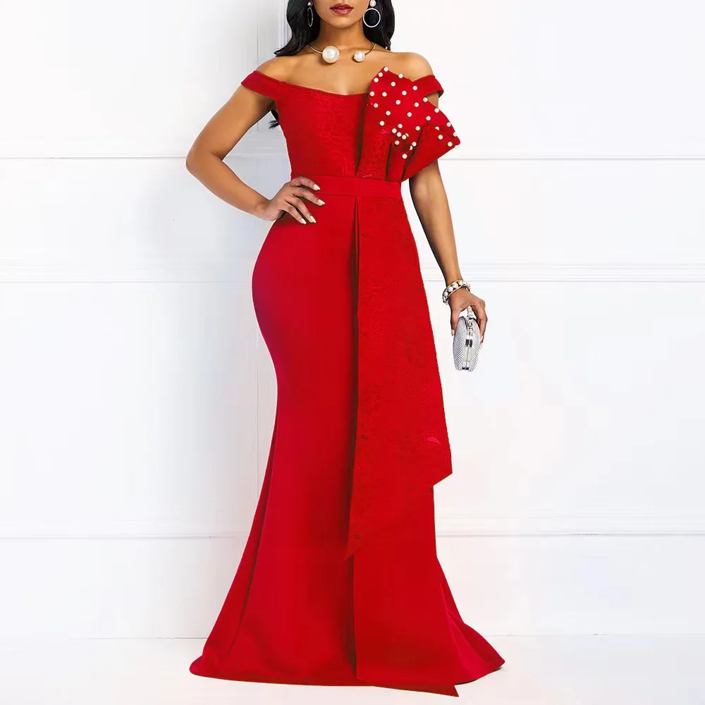 

2024 Luxury Dresses Women Designers Beaded Off Shoulder Mermaid Skinny Prom Floor Length Evening Dinner Wedding Party Maxi Dress