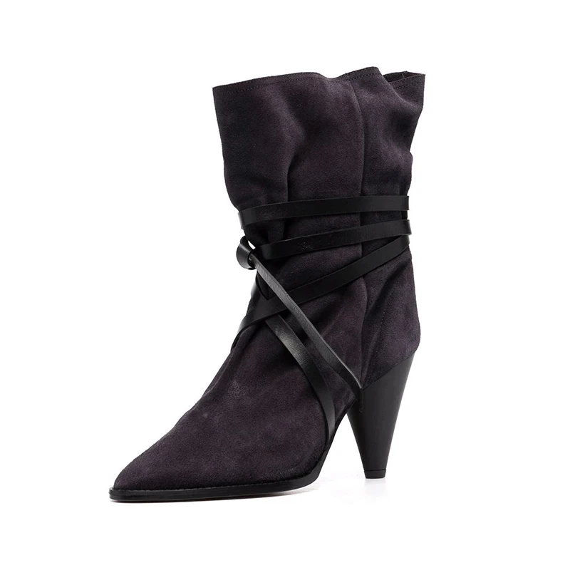 

Autumn New Women's Suede Mid-Boots Tapered High-Heeled Pointed Cross-Strap Shoes Simple Fashion Short Boots Black 40 Yards