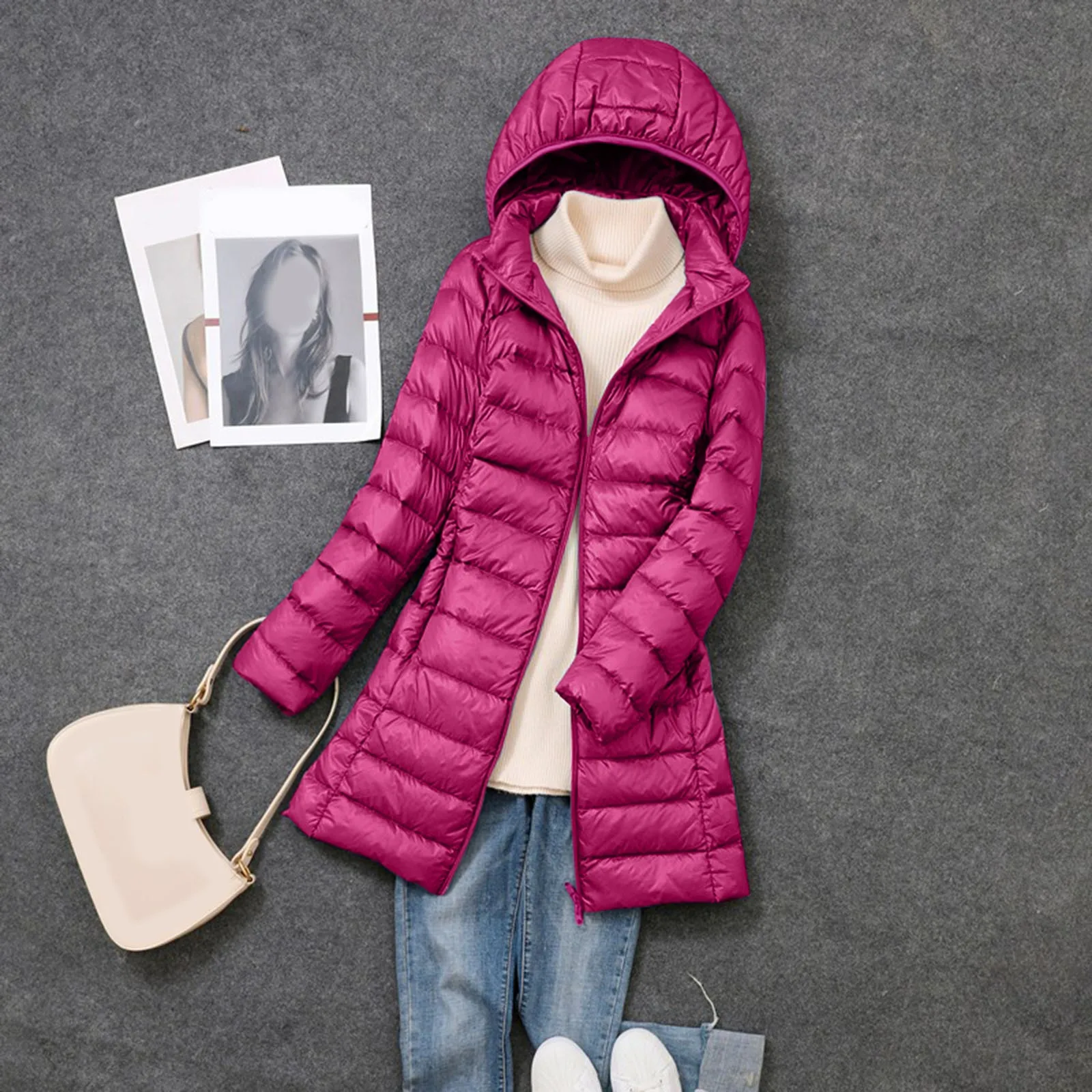 

2023 Winter Womens Korean Fashion Slim Remove Hooded Parka Fashionable Outerwear Down Jackets Long Light Thin Coat Puffer Jacket