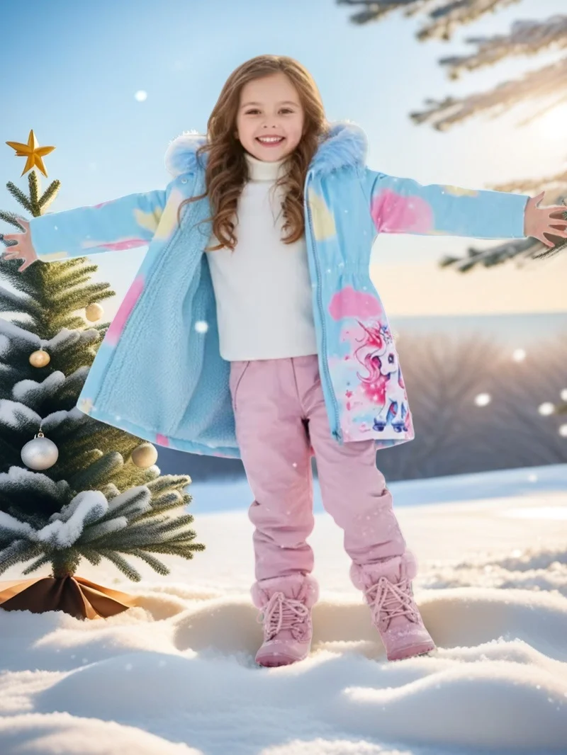 Kinder Mädchen Winterjacke mit Einhorn-Aufdruck und Kapuze, Fleece, verdickter warmer Mantel, Oberbekleidung, Daunenparkas für Outdoor-Babykleidung – Detail 2