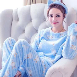 Flannel Warm Pyjamas Winter Coral Fleece Long Sleeve Cartoon Nightie Sleepwear Strawberry Pajamas 2-piece Set Home Tops Pajamas