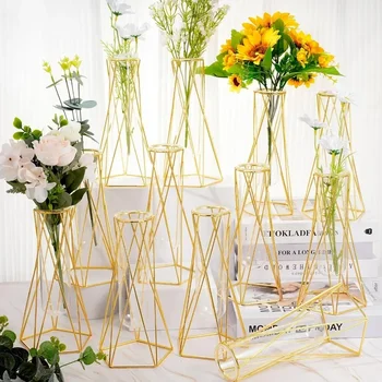 12 pieces of golden geometric modern vases, used for center decoration glass vases, with metal brackets for hydroponic plants