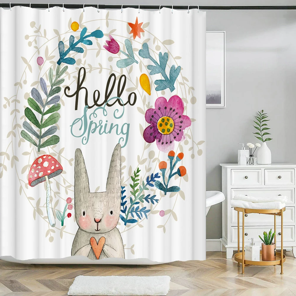 

Cartoon Cute Animal Rabbit Children's Printed Shower Curtain Bathroom Curtain Waterproof Polyester Bath Curtain with Hooks