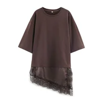 2025 Winter New Product Women's Slim Straight Round Neck Short Sleeve Asymmetric Hemp Splicing Lace T-shirt - Image 4