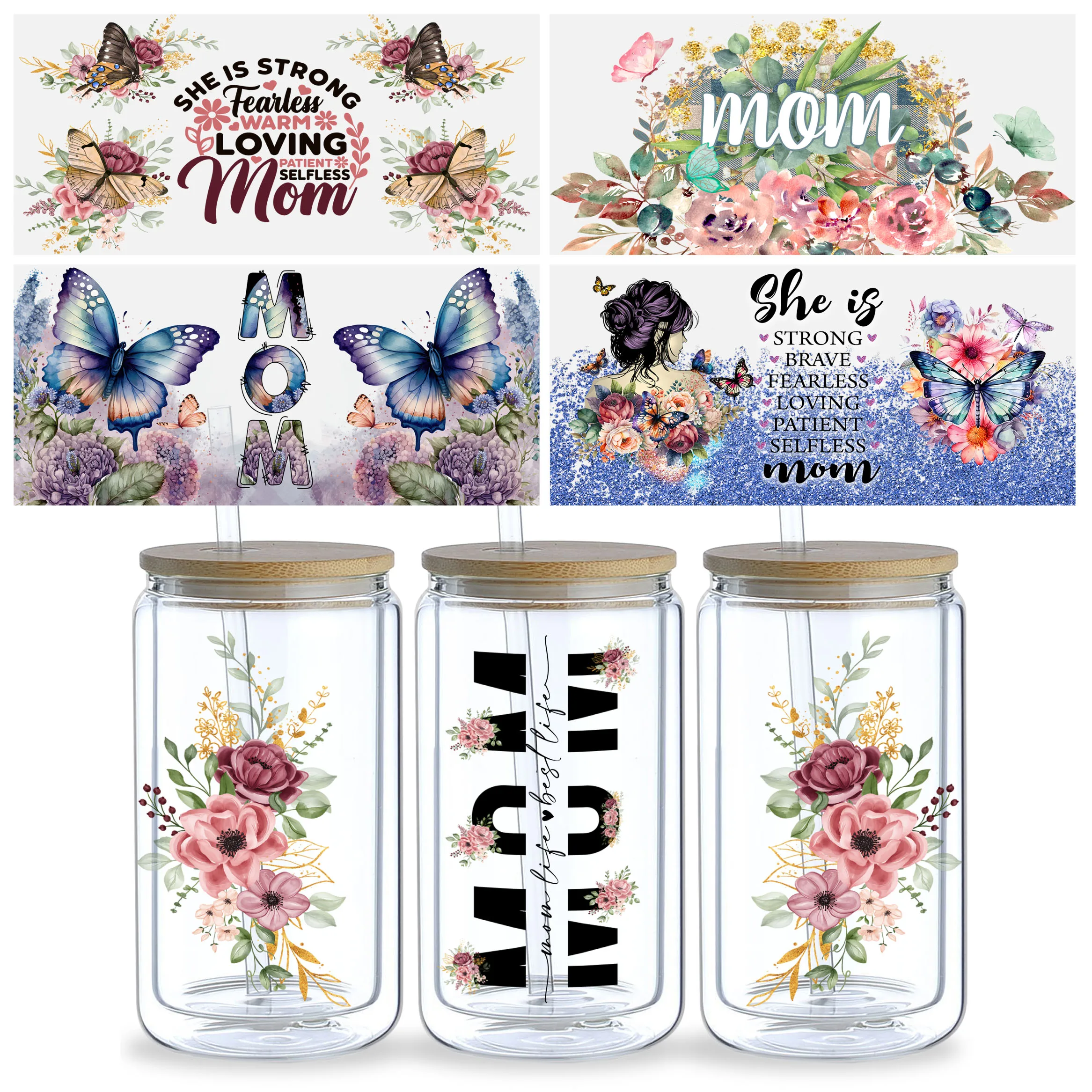5 Sheets Mother's Day UV DTF Mug Stickers, Glass Movement DTF Transfer Stickers, Waterproof Wipe Transfer Paper for 16 oz Glass