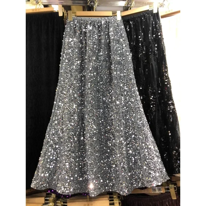 

Chic Longskirt for Women 2023 Sequins Patchwork A-line Skirts Trumpet Womens Almighty Skirt Female Autumn New Sexy Slim Dropship