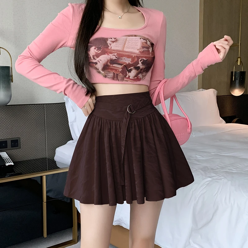 

Personality Romantic Maiden Sweet Cute Prepps Style Pure Color Belt High Waist A-Line Pleated Skirt Umbrella Skirt