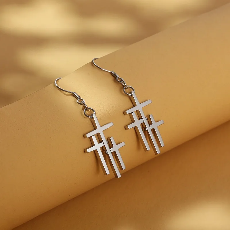 Stainless Steel 3 Cross Drop Earrings For Women Christian Faith Jesus Cross Pendientes Mujer Prayer Jewelry