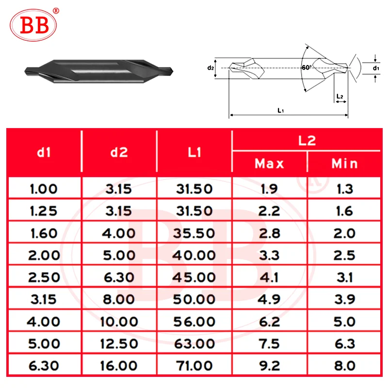 Drill Bit BB Center Drill HSS Co M35 Countersink Chamfer Lath Bit A Form 60 Degree Diameter 1 1.5 1.6 2 3.15 4 5 6 for Metal Aluminum