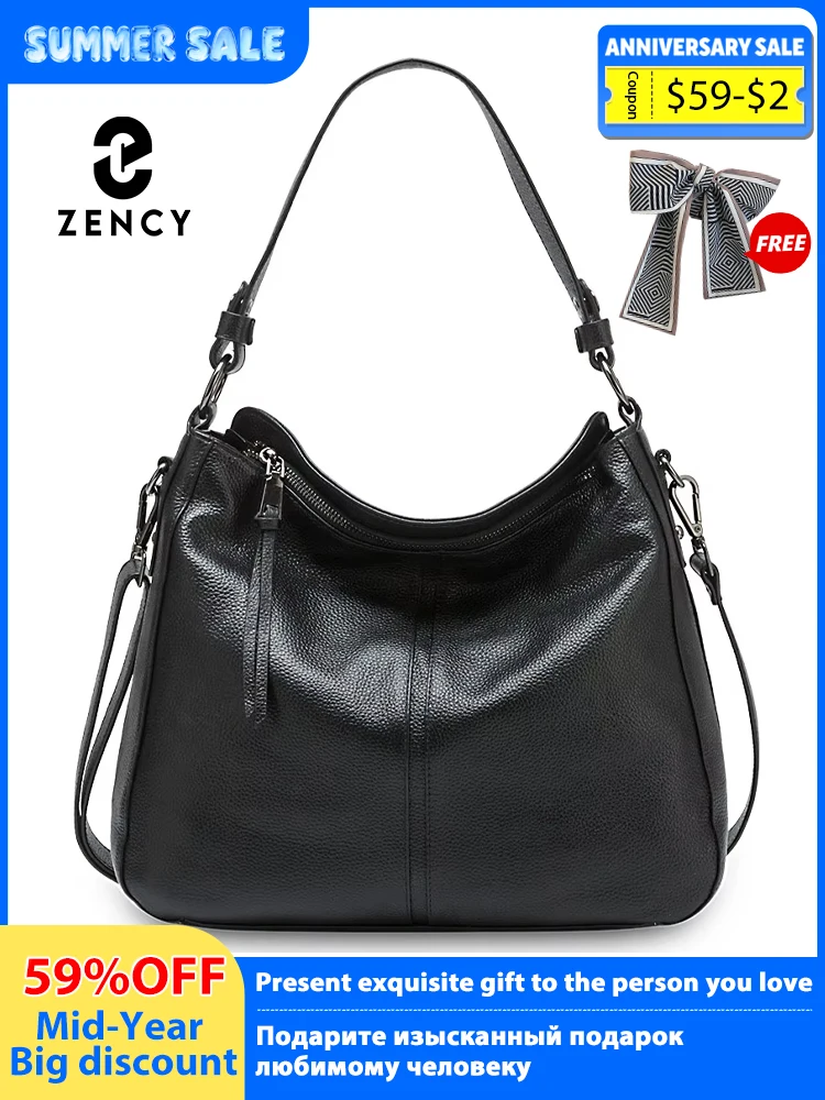 Zency 100% Genuine Leather Elegant Women Shoulder Bag Classic Black Hobos Roomy Casual Tote Handbag Crossbody Messenger Grey 1