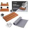 Chrome 20" Wide Wall Mounted Teak Folding Shower Bench Seat - Shower Chair or Sauna Bench - Hot Tub Bench - Entryway Fold Down 1