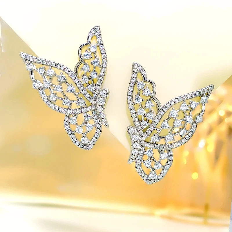 

Fashionable and Sweet Butterfly Wings Set with High Carbon Diamond 925 Sterling Silver Earrings, Versatile Wedding Jewelry