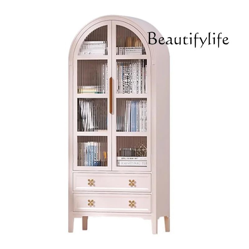 

American-Style Solid Wood Bookcase European-Style Arch Arc Retro Bookshelf Display Storage Solid Wood Cabinet