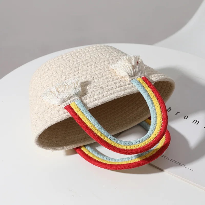 Lovely Rainbow Cloud Handbag Handmade Cotton Woven Bags Seaside Holiday Beach Bag Straw Weave Bag Kids Girls Fashion Accessories 3