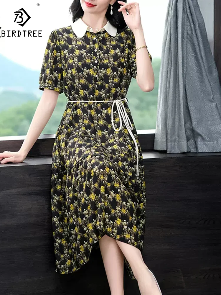 

BirdTree, 100%Real Silk OL Elegant Dresses, Women Lapel Floral Printed, Loose Fashion Dress, 2024 Spring Summer New D453105QM