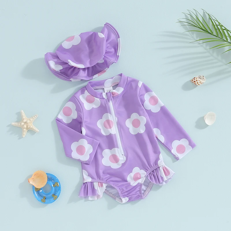 Kids Girls Swimwear Jumpsuit Infant Beachwear Hat Princess Flower Print Zipper Baby Bathing Suit