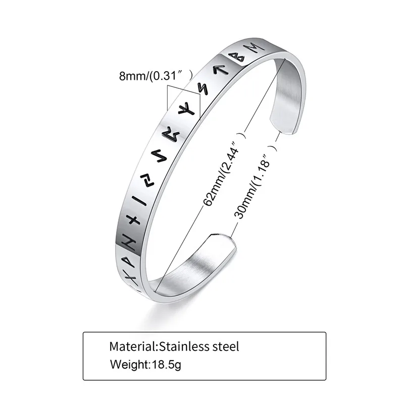 ZORCVENS 8mm Viking Bracelets for Men, Nordic Viking Rune Letters Amulet Cuff Bangle, Vintage Punk Rock Jewelry Gifts