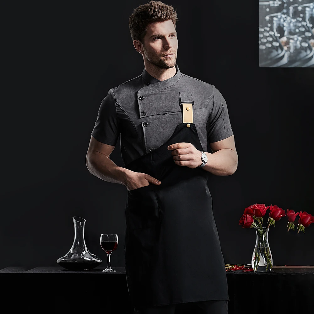 Khaki Chef Uniform Catering Workwear Head Chef Shirts Cooking Coat Chef Jacket Summer Restaurant Barber Shop Waiter Shirt Apron - Image 3