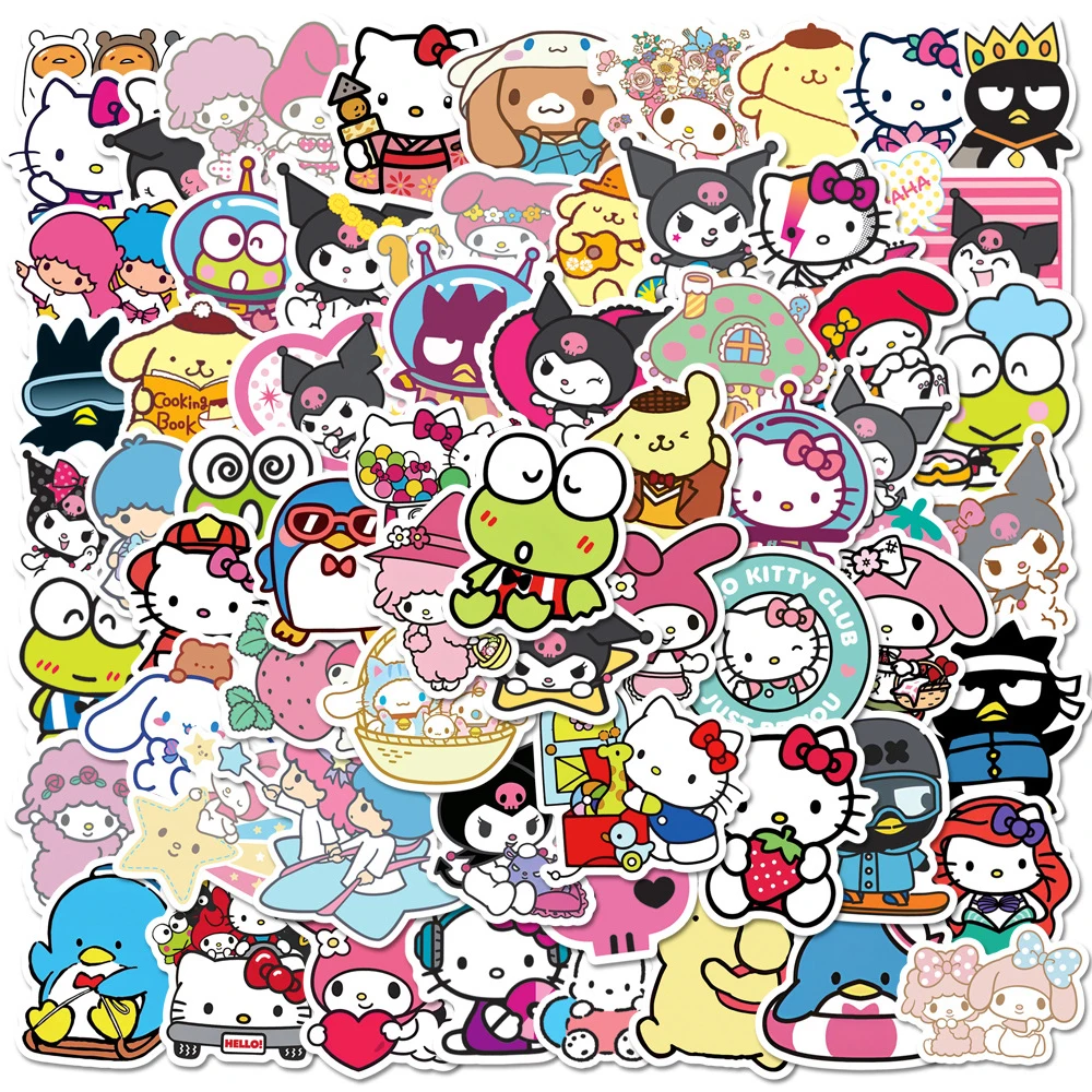 10/30/50/100pcs Adesivos Kawaii Kuromi Melody Hello Kitty, Decalques de Desenhos Animados para Decoração de Laptop, Diário e Scrapbooking