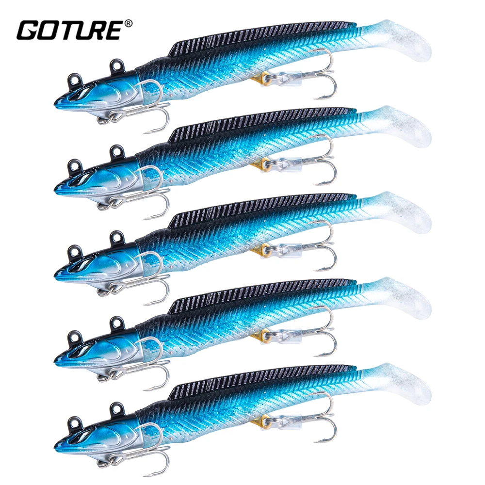 

Goture Luna 5pcs/lot Soft Lure Kit Swimbait Jig Head Rubber Tail Artificial Fishing Lure 11.5cm 28g Silicone Bait Fishing Tackle