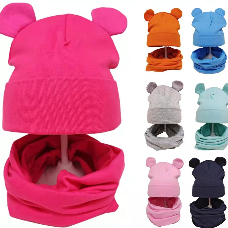 2pcs/set Cute Baby Hat Scarf With Ears Soild Color Newborn Beanie Hat