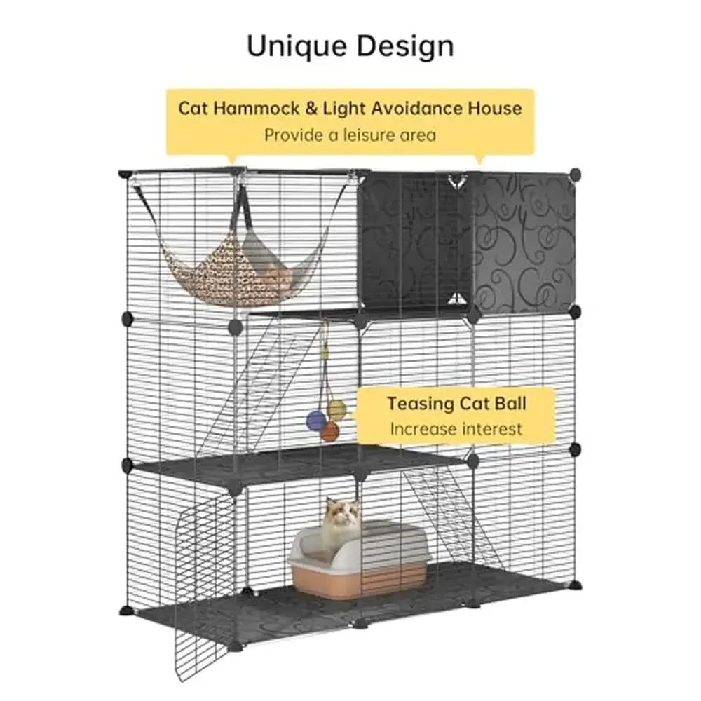 Cat Playpen with Hammock and Toy Ball 3-Tier Indoor Cat Cage 2-3 Cats Easy Assembly Metal Enclosure