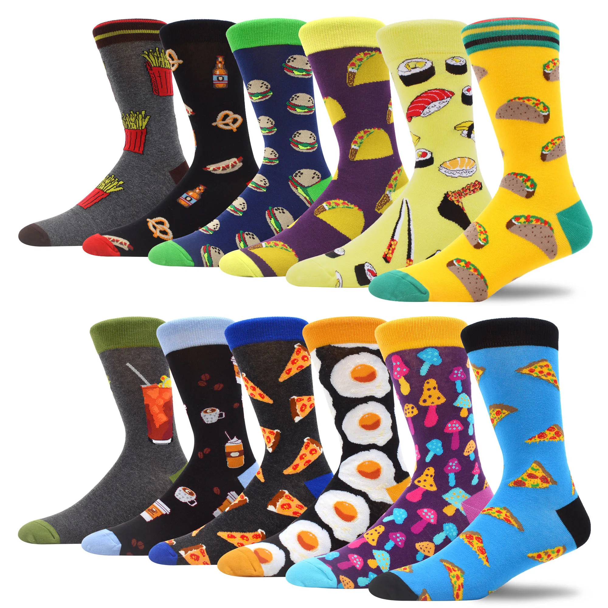 

Men's Crazy Food Patterned Casual Combed Cotton Crew Socks 12 Packs