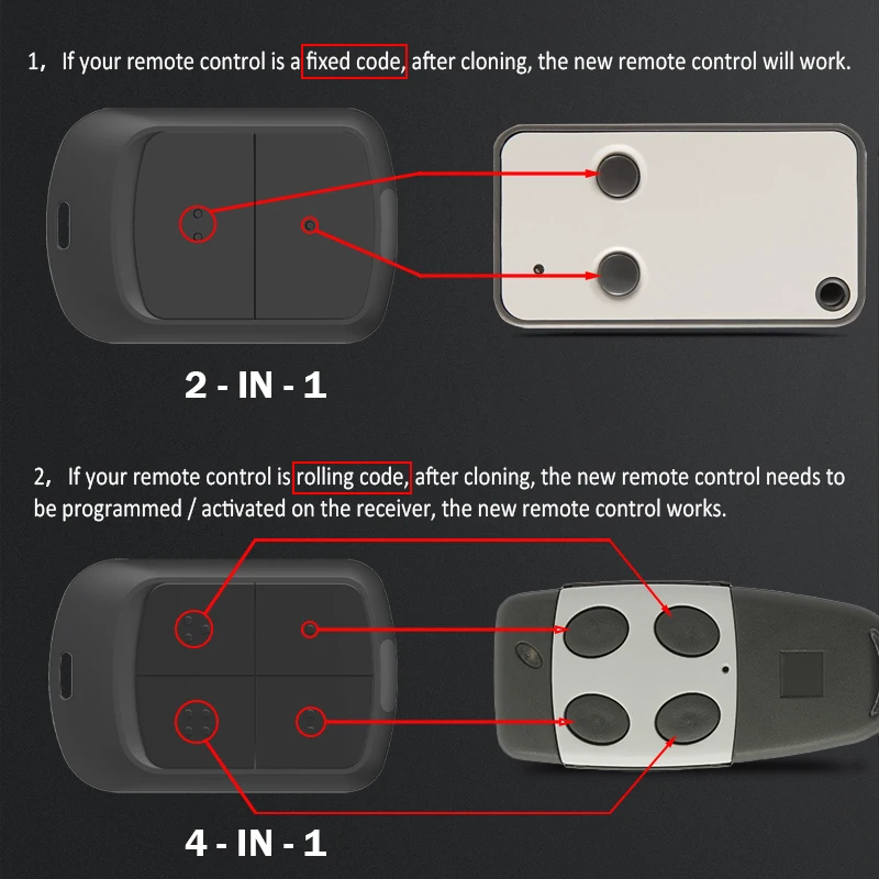 YNG800 MultiFrequency Garage Gate Remote Control 280MHz to 868MHz Rolling Code and Fixed Code 433MHz Hand Transmitter With Clip