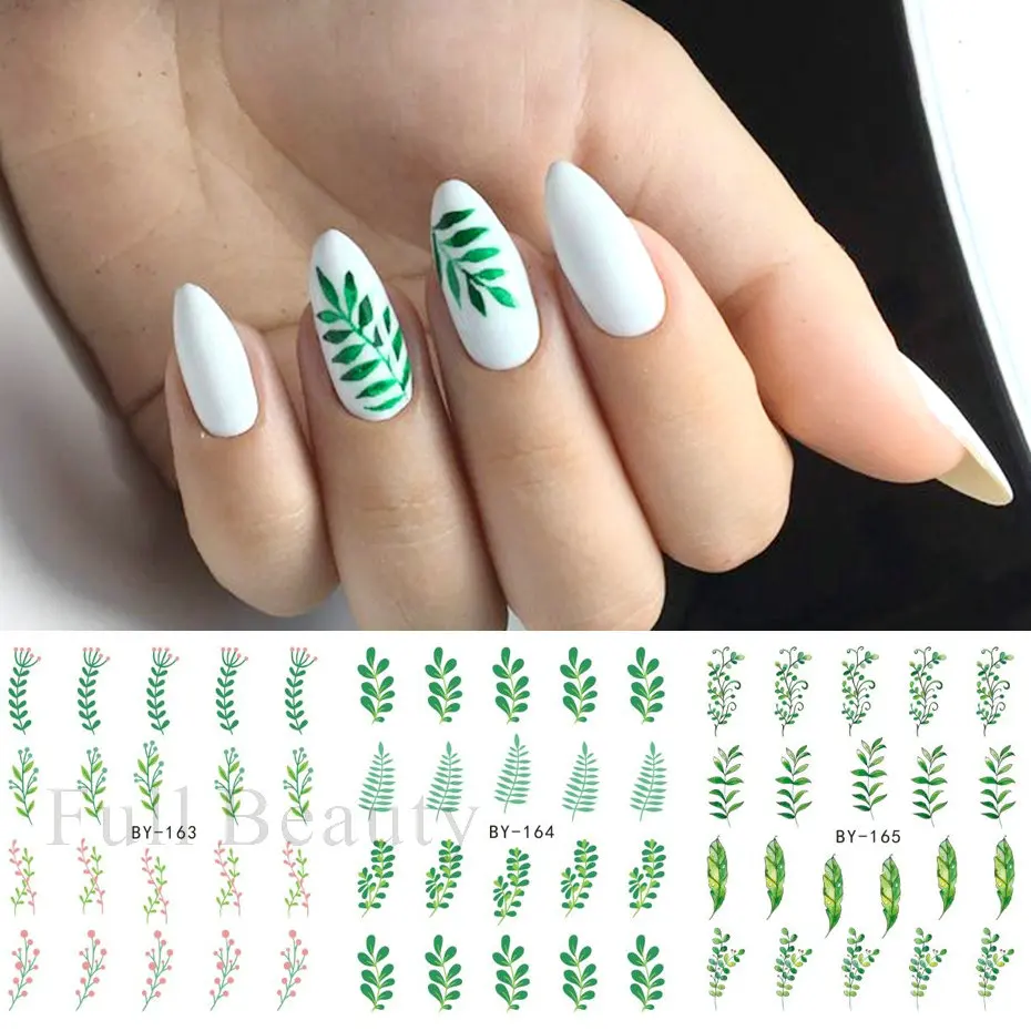 12pcs Green Leaves Stickers for Nails Summer Water Decals Watercolor Leaf Flower Nail Tattoos Slider Decorations LABY157-168 nail stickers nail art decoration nail decals