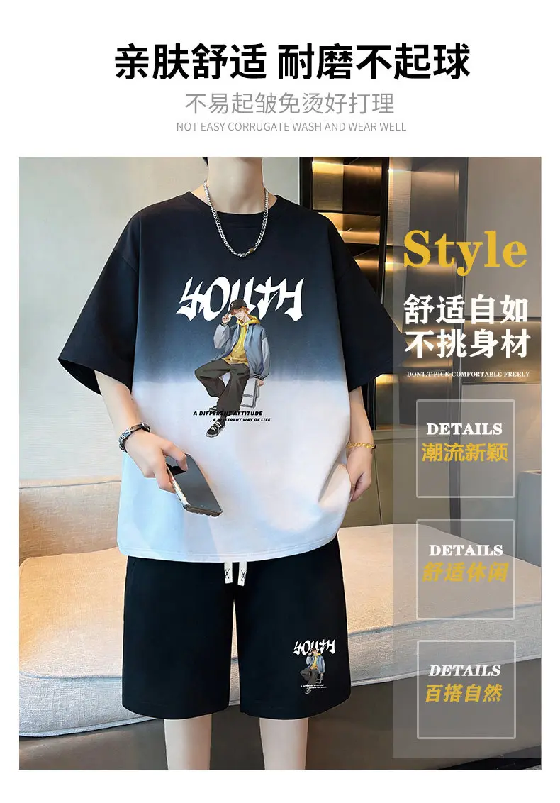 Modische Kurzarm-Baumwoll-T-Shirts & Shorts Herren-Sets 2026 Sommer 2-teilige Oberteile T-Shirts Hosen Trainingsanzüge Kleidung Jugend Streetwear – Detail 2
