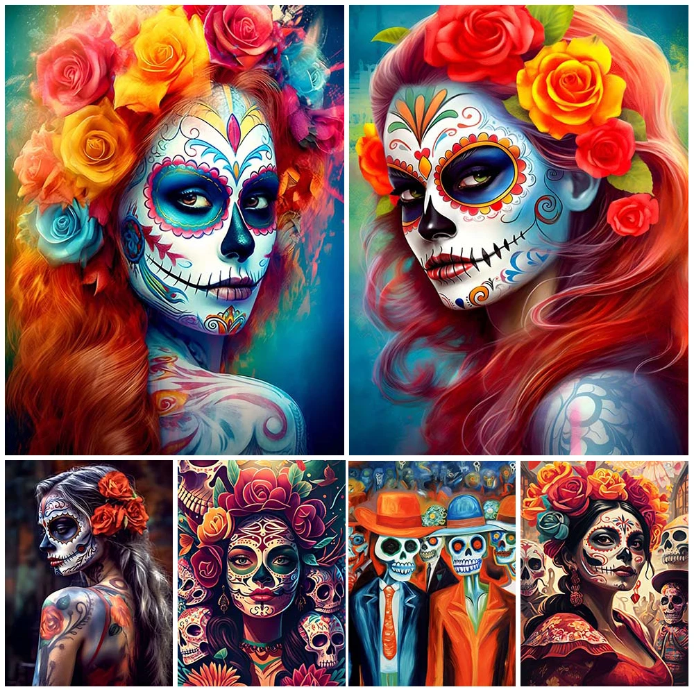 Mexico Day of the Dead Tattoo Sexy Grimace Woman Posters Wall Art Canvas Painting Poster Wall Pictures For Living Room Unframed