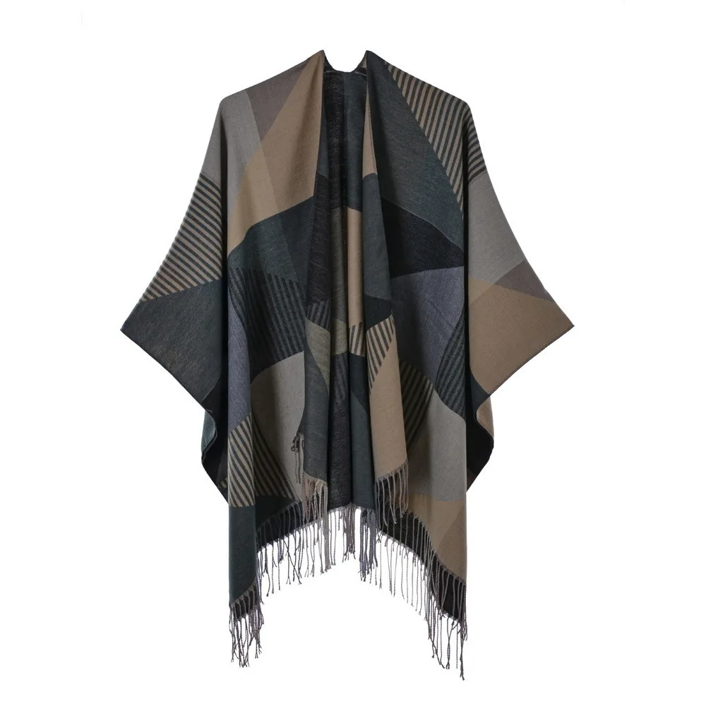 

Autumn Winter Plaid Shawl Women Tassel Knitted Shawl Imitation Cashmere Poncho Lady Capes Khaki Cloaks