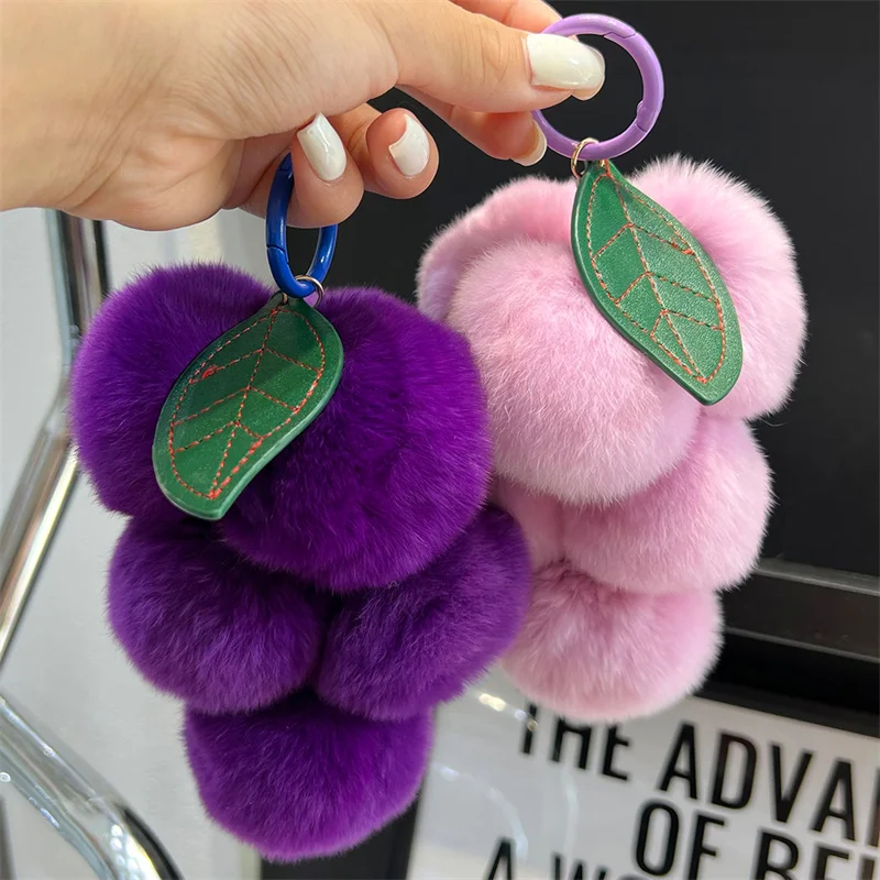 

Leather Brand Bag Key Chain Fluffy Grape Hair Ball Car Key Chain Gold Key Chain Real Rex Rabbit Fur Leather Key Chain