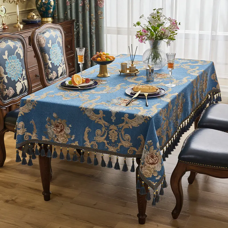 European Vintage Tablecloth, Rectangular Dining, Jacquard Table Cover with Tassels, Textured Chenille, Square, Party, Kitchen