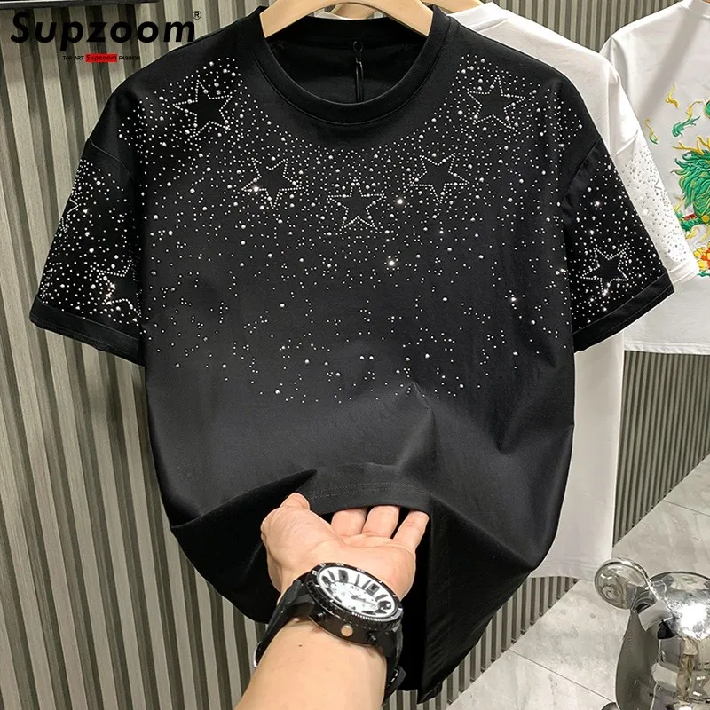 Supzoom 캐주얼 헤비 텍스처 코튼 루즈한 남성 티셔츠, 가벼운 럭셔리 스타, 핫 레터링, 뉴트럴 숏 O넥, 여름 신상