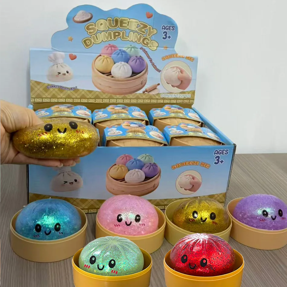 New 1-12pcs Glitter Dumpling Squishy With Box Dumplings Sensory Squeeze Toy For Stress Relief_voghion.com