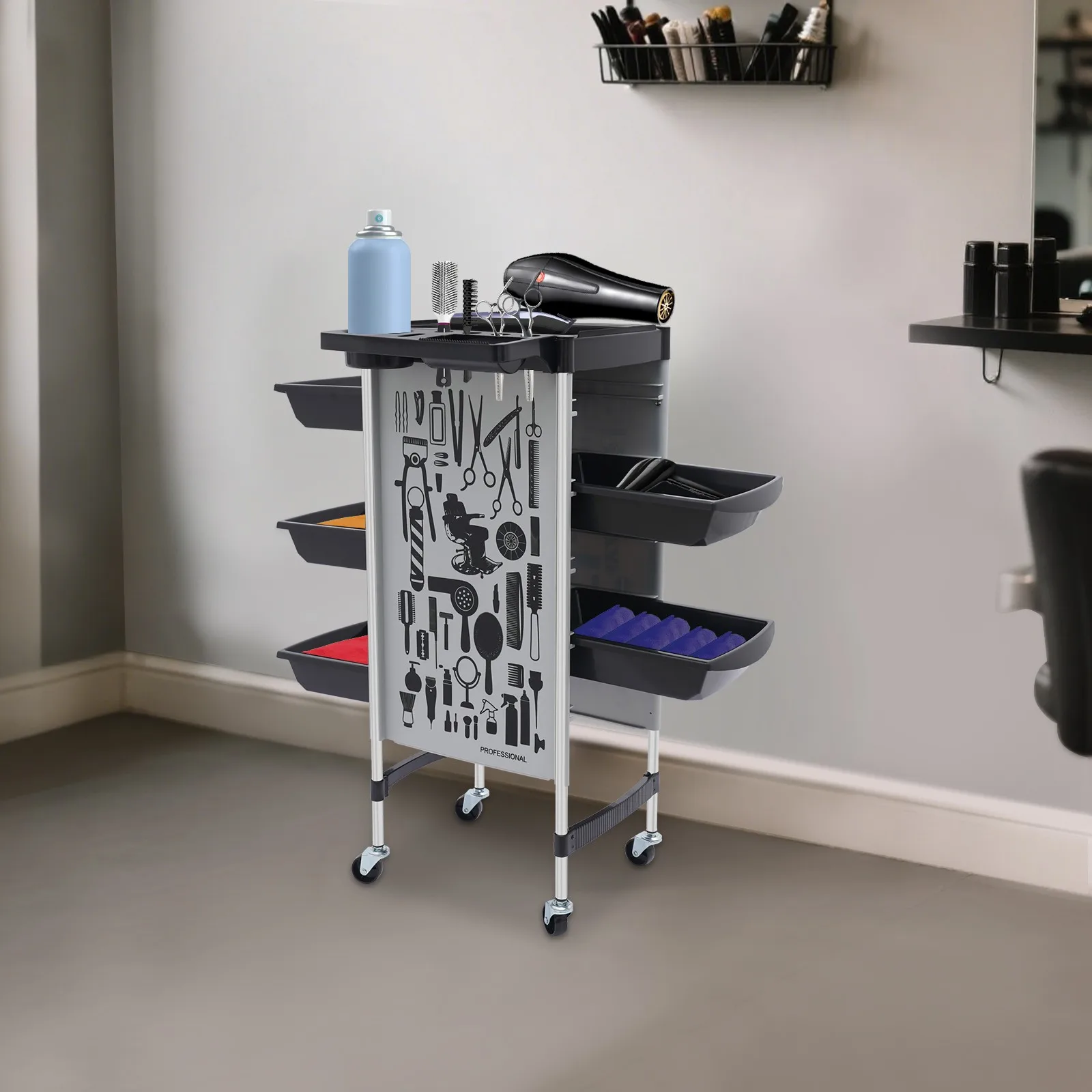 Moderner Friseurwagen mit 5-Schubladen, faltbare Platte, Universalräder, großer Stauraum für Salons, Spas und Nagelstudios – Detail 3